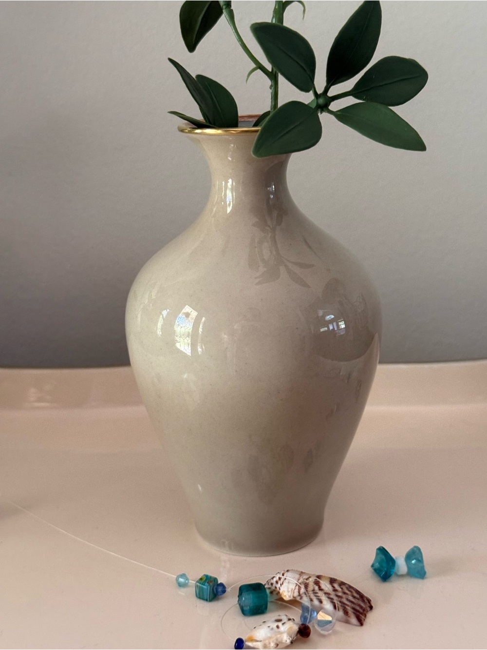 Vintage Eschenbach Bavaria Tan Porcelain Bud Vase with Gold Rim
